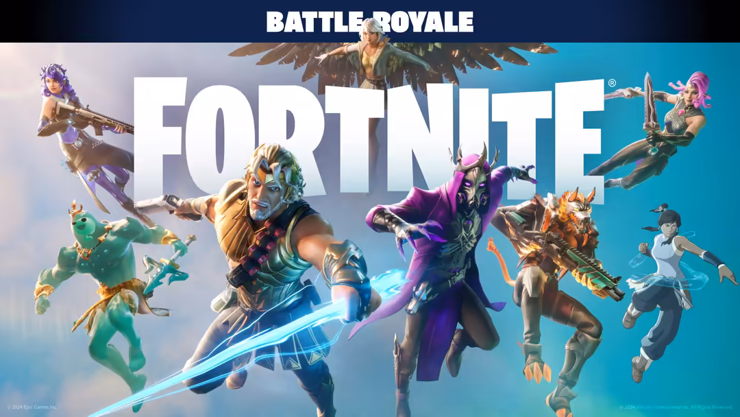 Fortnite battle royale characters in dynamic action poses with weapons and magical abilities against a blue gradient backgrou