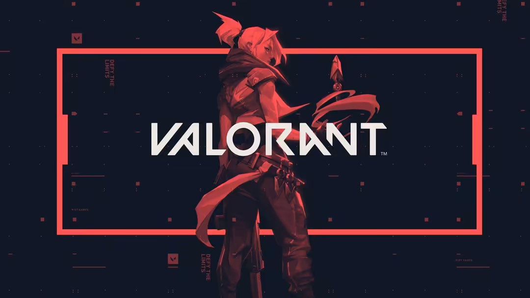 A futuristic character in red armor stands against a dark background with glowing red neon borders and scattered geometric…