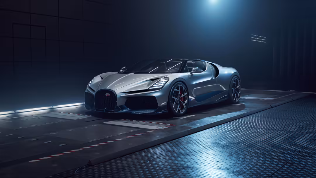 Silver Bugatti W16 Mistral hypercar in modern garage with dramatic lighting, showcasing sleek aerodynamic design and open doo