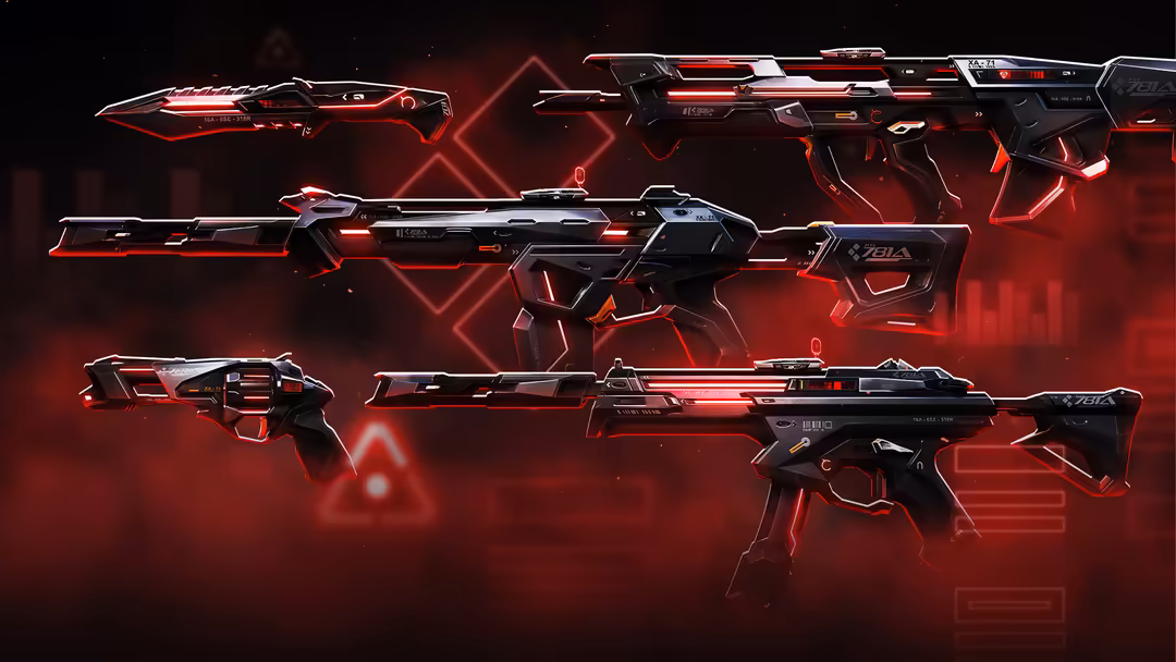 Futuristic sci-fi weapons arsenal with red neon glowing effects, displaying various high-tech guns and rifles against dark ba
