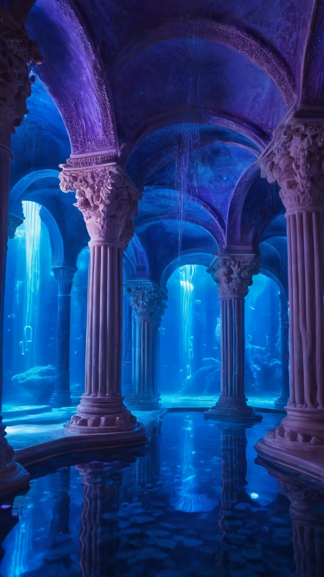Furina in an ethereal underwater palace with glowing neon blue columns, ornate capitals, and reflective water floor in a cybe