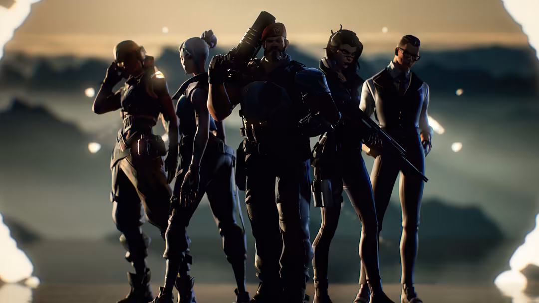 Five tactical operators in dark tactical gear standing together against a misty landscape at sunset, silhouetted with dramati