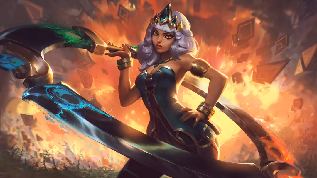 Qiyana, a warrior with silver hair and golden crown, wielding glowing blue and green weapons amid intense orange flames and f
