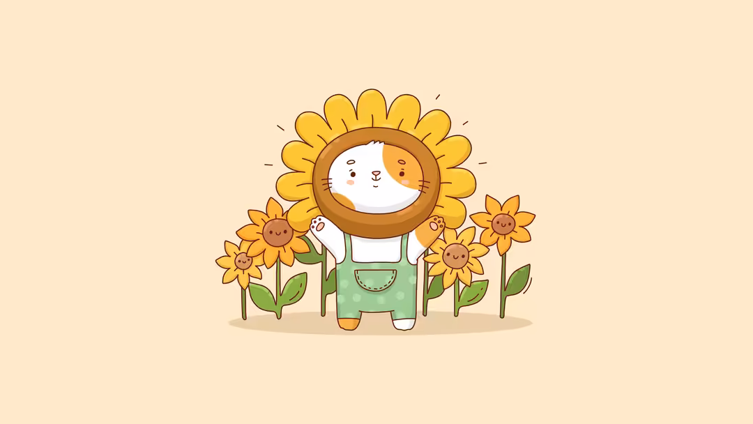 Kawaii cat character wearing green overalls surrounded by cheerful sunflowers with smiling faces on a soft beige background