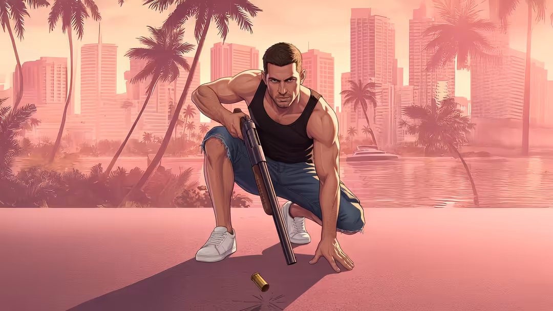 Muscular male character in black tank top crouching with rifle against pink sunset cityscape with palm trees and skyscrapers