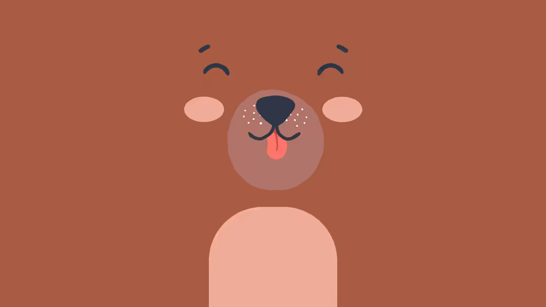 Cute dog character with happy expression, closed eyes, and tongue out against warm terracotta background in kawaii illustrati