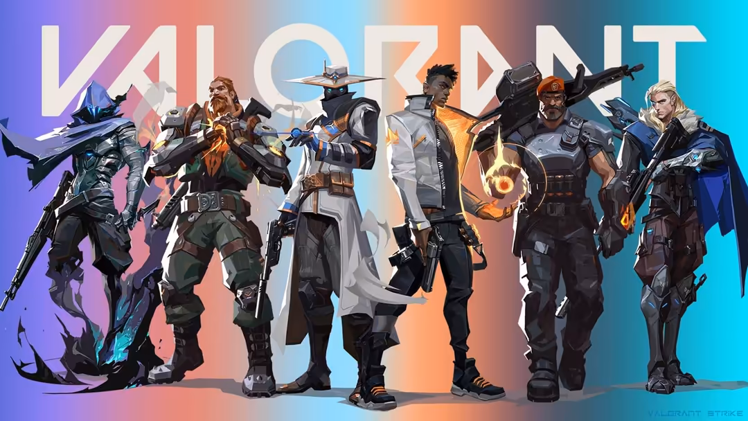 Valorant agents lined up in tactical poses with neon gradient background featuring purple, blue, orange and cyan colors in fu