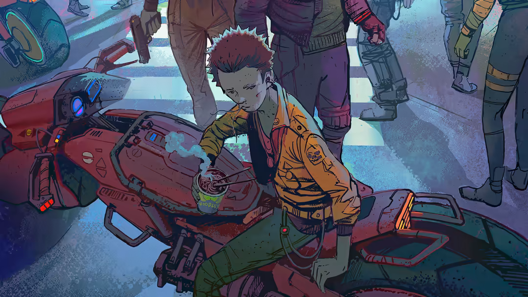 Illustrated cyberpunk scene of a red-haired mechanic in yellow jacket working on a red robotic device surrounded by futuristi