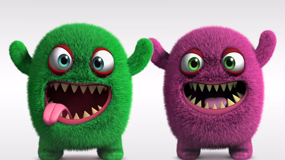 Two fluffy, vibrant fuzzy monsters with large expressive eyes and toothy grins, one bright green and one magenta purple, agai