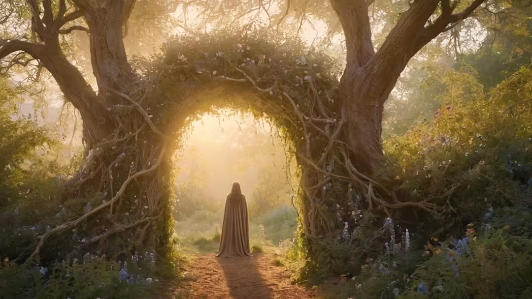 Solitary figure in flowing cloak walking through an ancient tree tunnel with golden light, surrounded by blooming flowers in