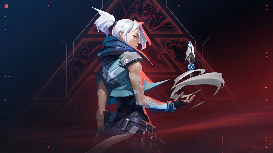Jett from Valorant in tactical gear holding her signature weapon, with white hair and blue accents against a dark red mystica