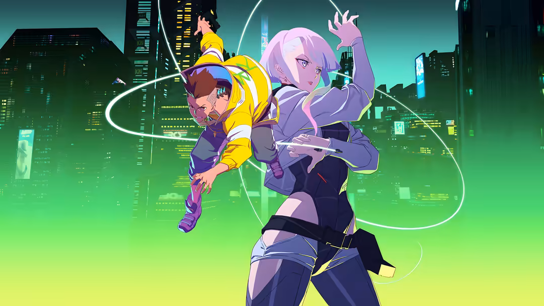 Anime-style cyberpunk characters with purple and yellow outfits stand against a glowing neon green cityscape with illuminated