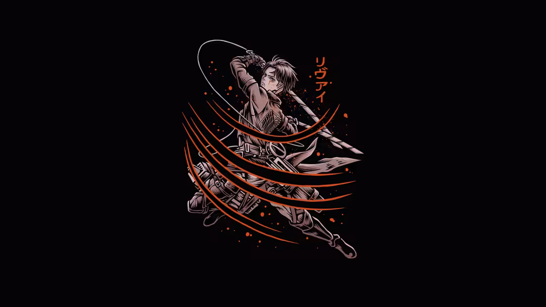 Levi Ackerman wielding dual swords with glowing red energy streaks against a black background in dynamic action pose