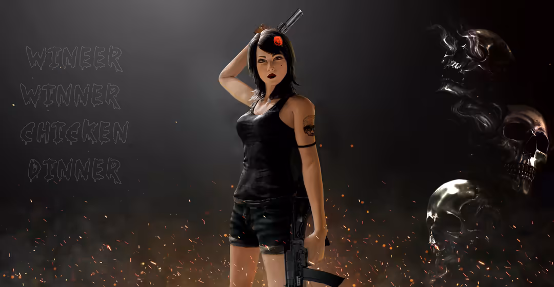 Armed female character in tactical black outfit holding rifle with red marking, skull imagery on right, orange sparks effect,