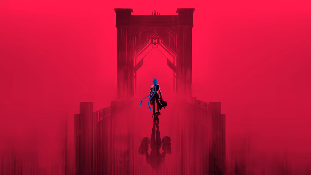Character Jinx standing before towering gothic fortress with neon pink atmospheric lighting and dramatic perspective