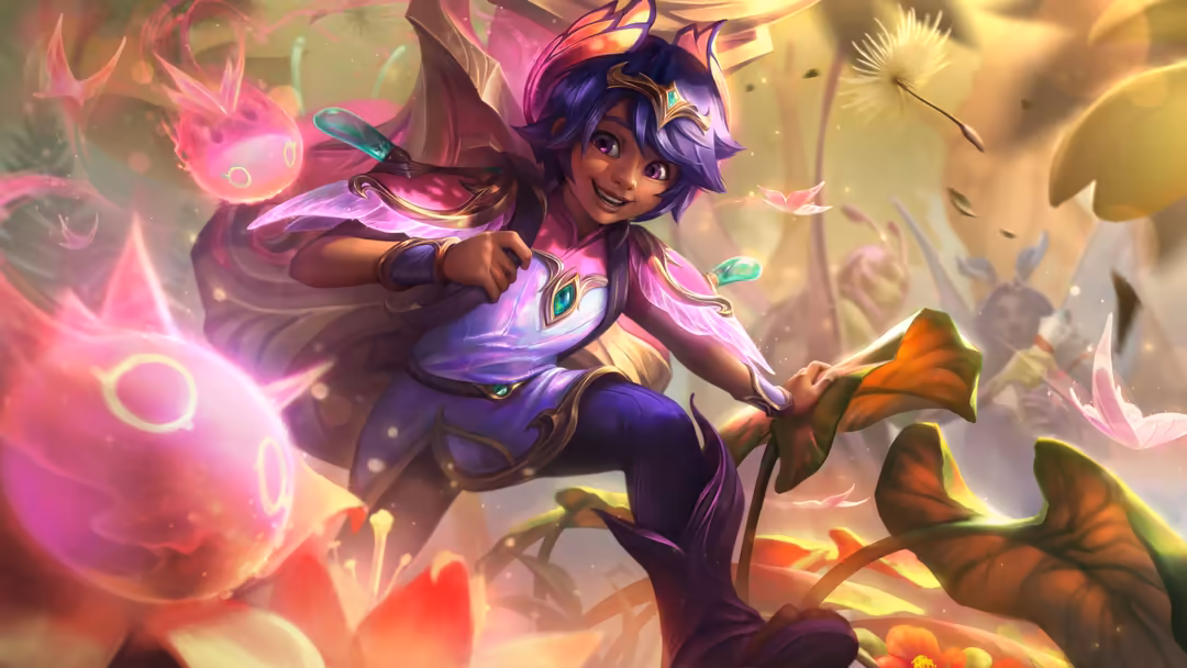 Animated character Milio with purple hair and magical blue attire, surrounded by glowing pink and golden magical effects and