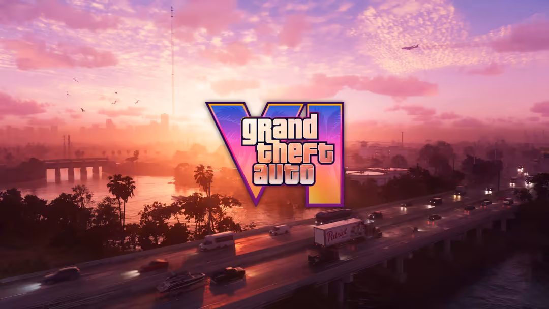 GTA VI logo displayed over a neon-lit cityscape at sunset with flowing traffic on a highway, palm trees, and pink-orange sky
