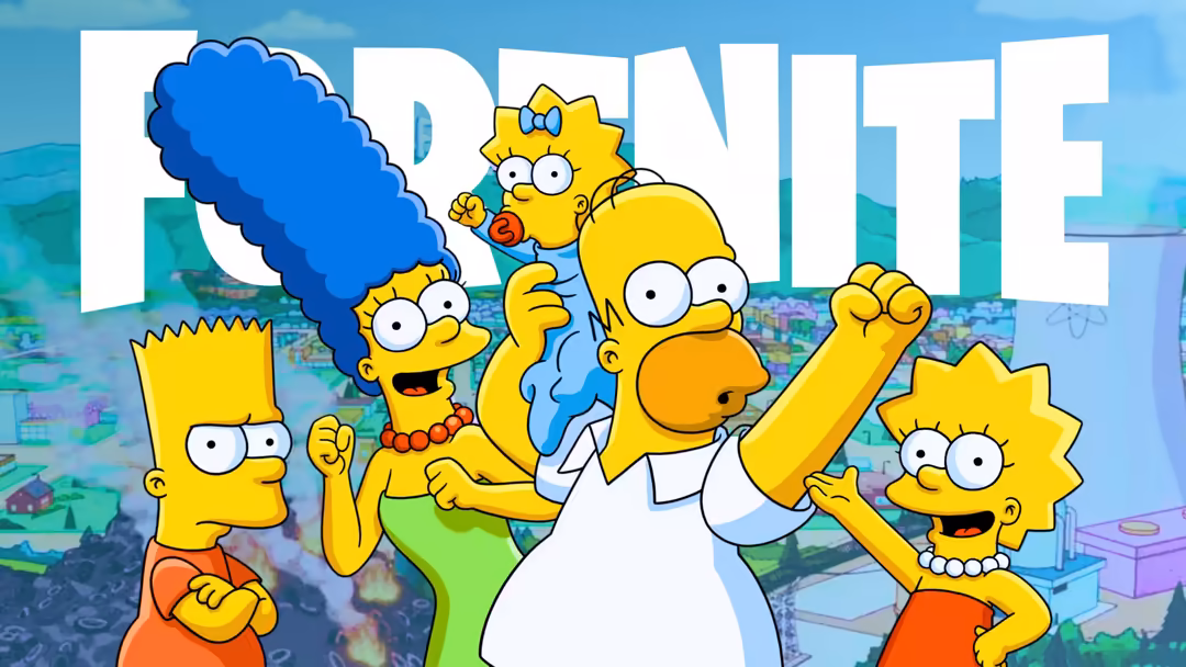 The Simpson family celebrating in Fortnite style with bold yellow characters, colorful game environment, and vibrant cityscap