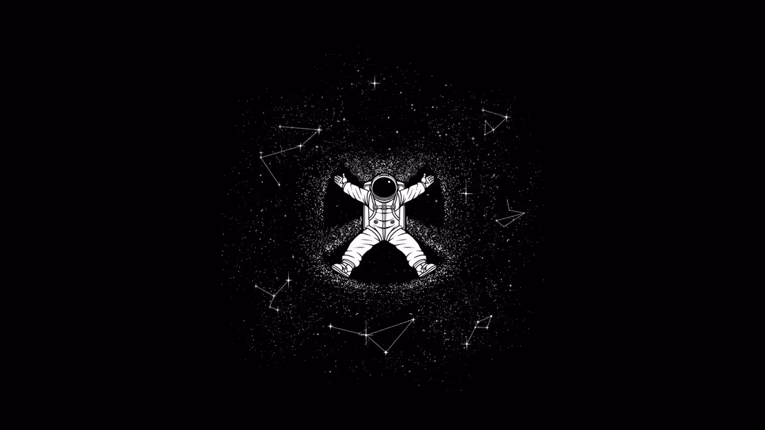 Astronaut floating in space with arms raised, surrounded by stars and constellation outlines on a black cosmic background