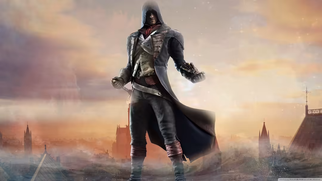Hooded assassin in dark leather coat standing confidently above a misty medieval cityscape with golden sunrise lighting and d