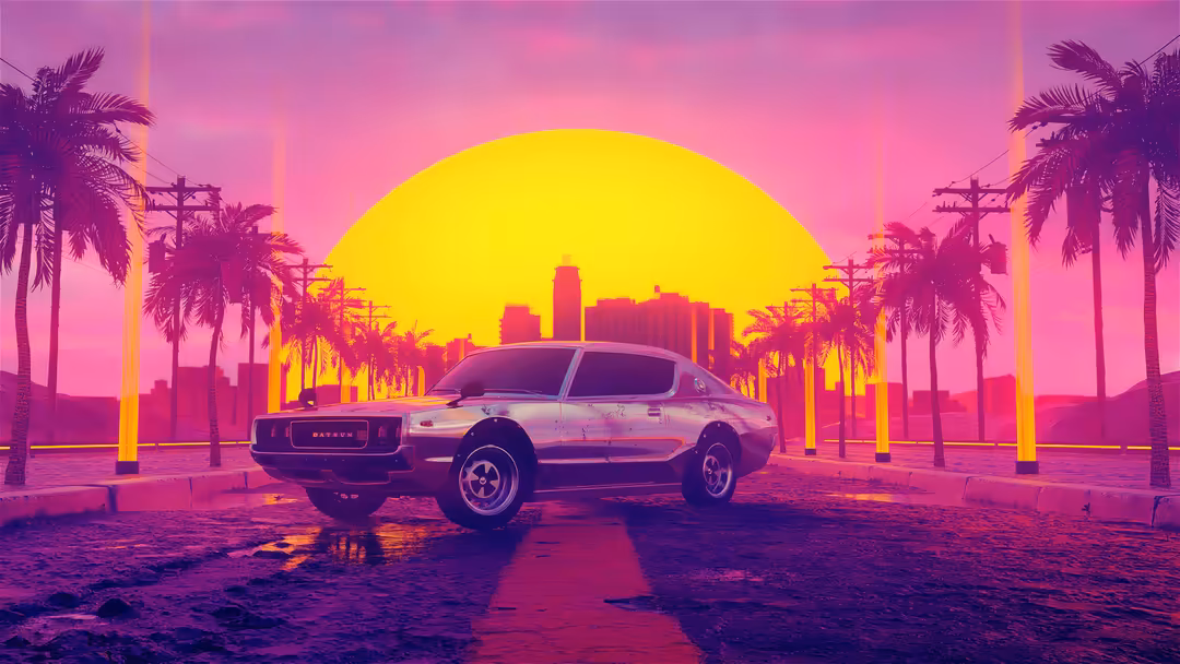 Stylized retro car driving down palm-lined street toward massive yellow sun with neon pink and purple lighting effects in syn