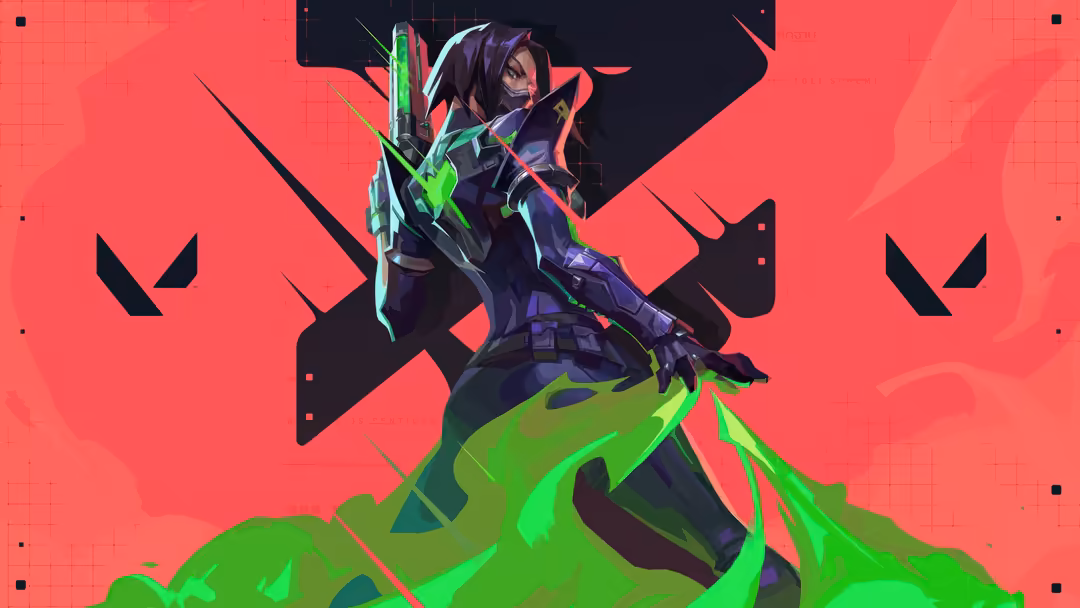 Viper from Valorant in cyberpunk neon green and pink aesthetic, wielding toxic weapon with geometric background design