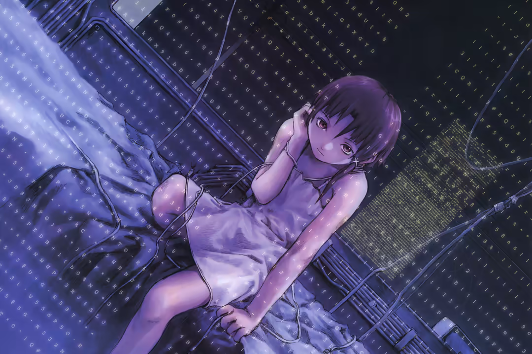 Anime girl in purple tones wearing headphones surrounded by glowing digital code and neon circuit patterns in a cyberpunk tec