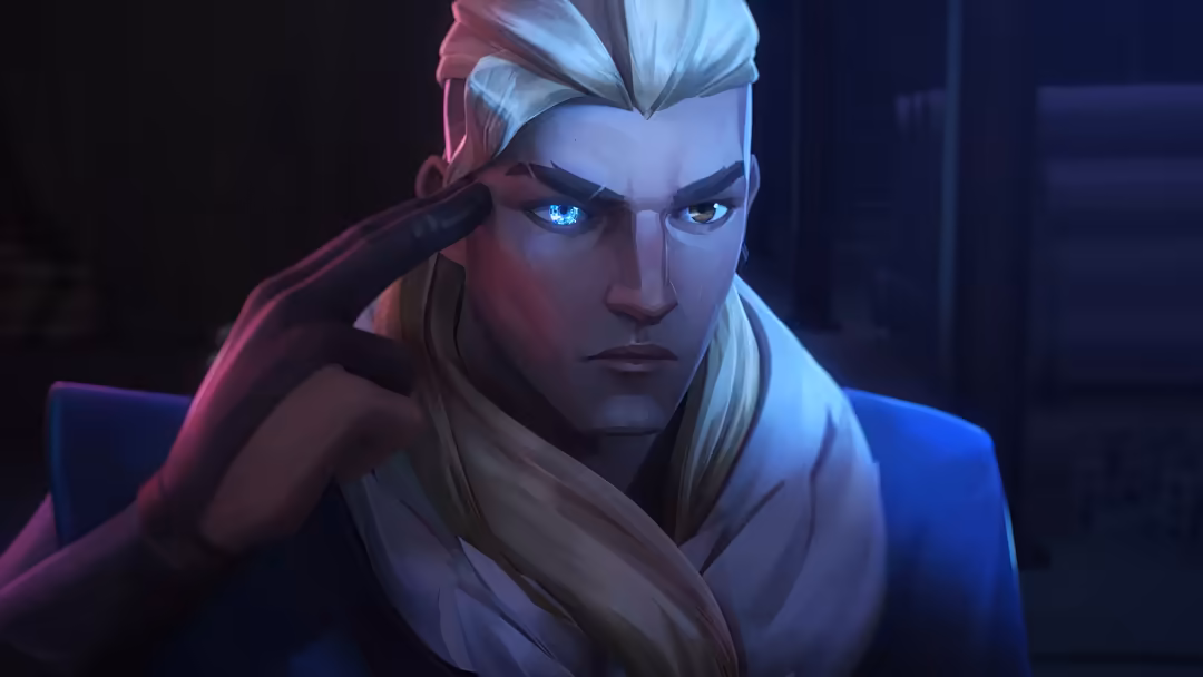 Sova from Valorant with glowing blue eyes and white hair, illuminated by neon pink and blue lighting in a dark cyberpunk envi