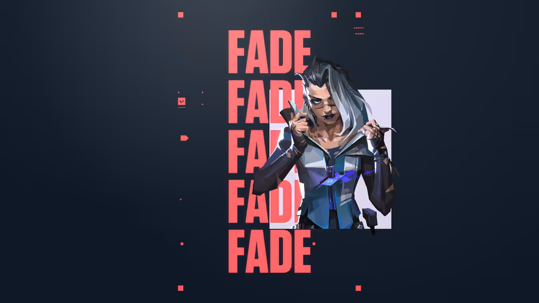 Valorant Fade character with silver hair and tactical gear, neon pink typography, dark cyberpunk aesthetic design