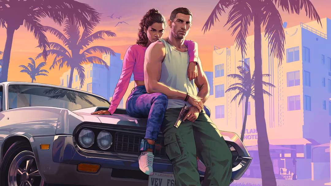 Two characters posing on a vintage car with palm trees, colorful buildings, and a vibrant sunset sky in a tropical urban sett