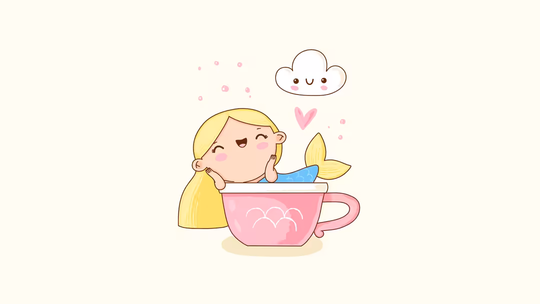 Cute blonde mermaid with yellow tail relaxing in a pink teacup surrounded by hearts and a smiling cloud character on soft cre