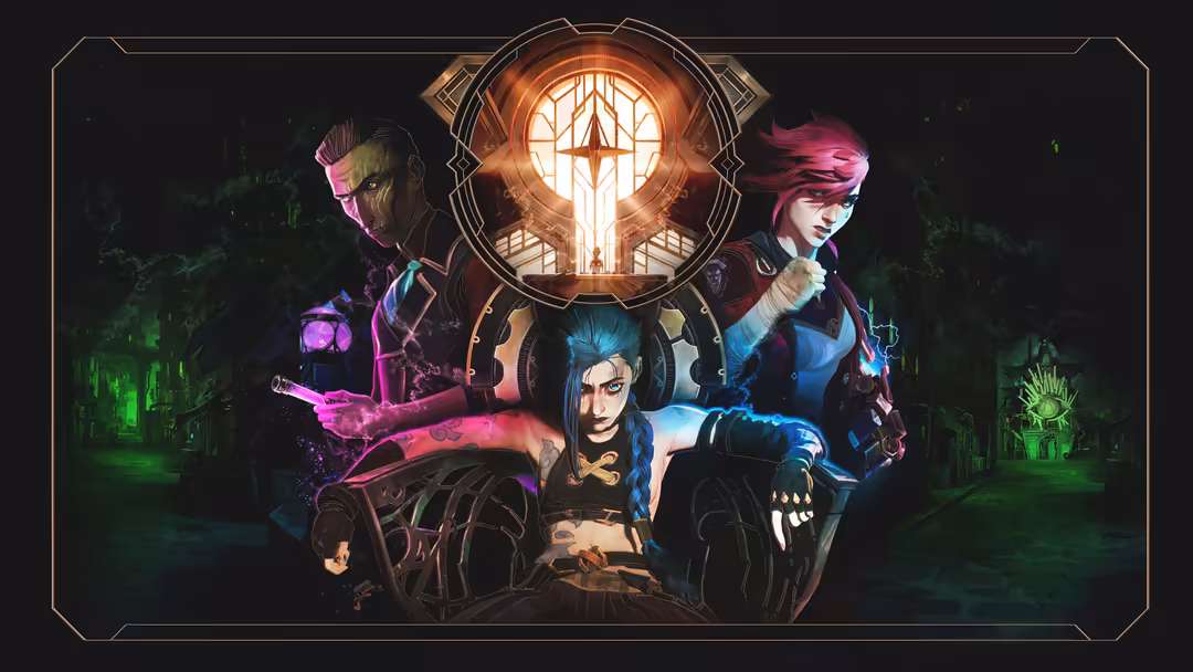 Stylized characters with neon pink and blue glowing effects surrounding a luminous central portal with architectural details