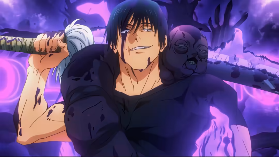 Anime character with black hair and scars holds a wrapped sword against a vibrant purple and pink mystical landscape with…