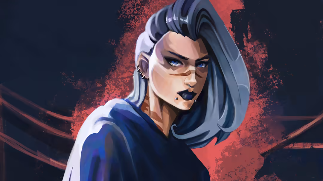 Stylized illustration of Fade from Valorant with striking blue eyes, dark hair, and blue tactical outfit against a dramatic r