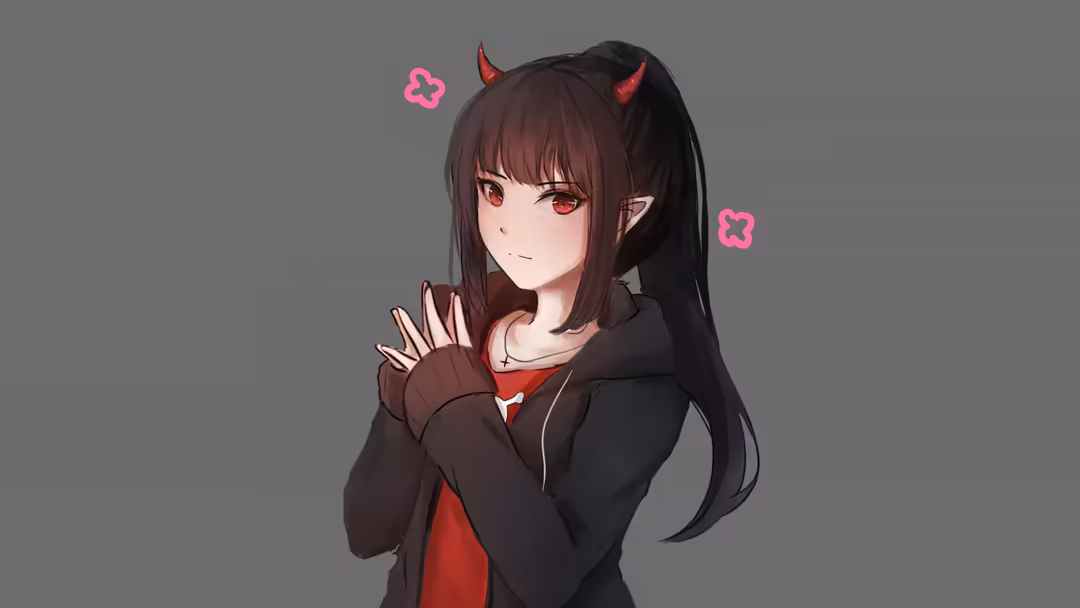 Anime girl with long dark hair and red glowing eyes wearing demon horns and black jacket with red accents, playful expression