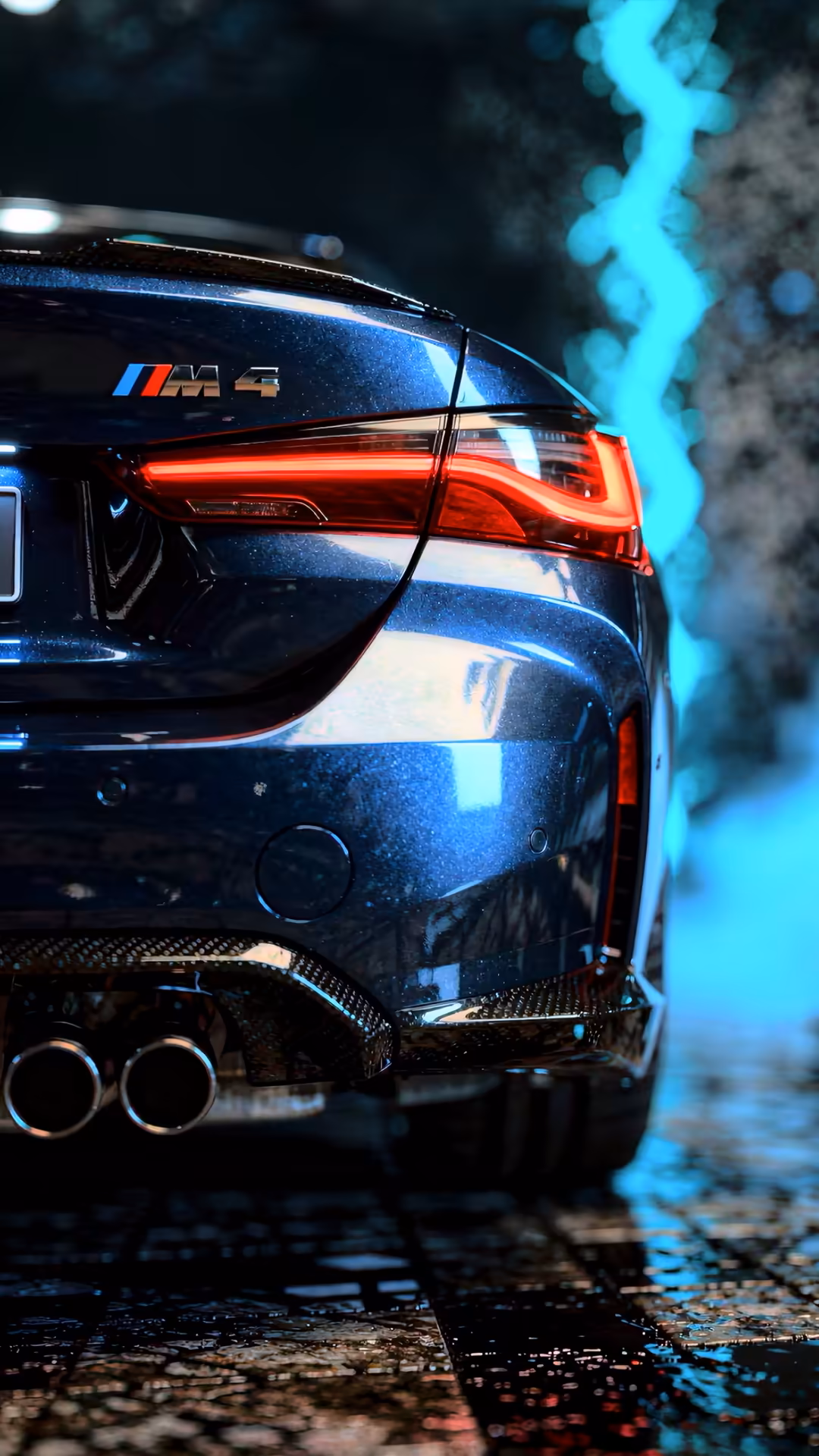 Blue BMW M3 sports car with glowing red LED taillights and neon cyan atmospheric lighting in dark setting