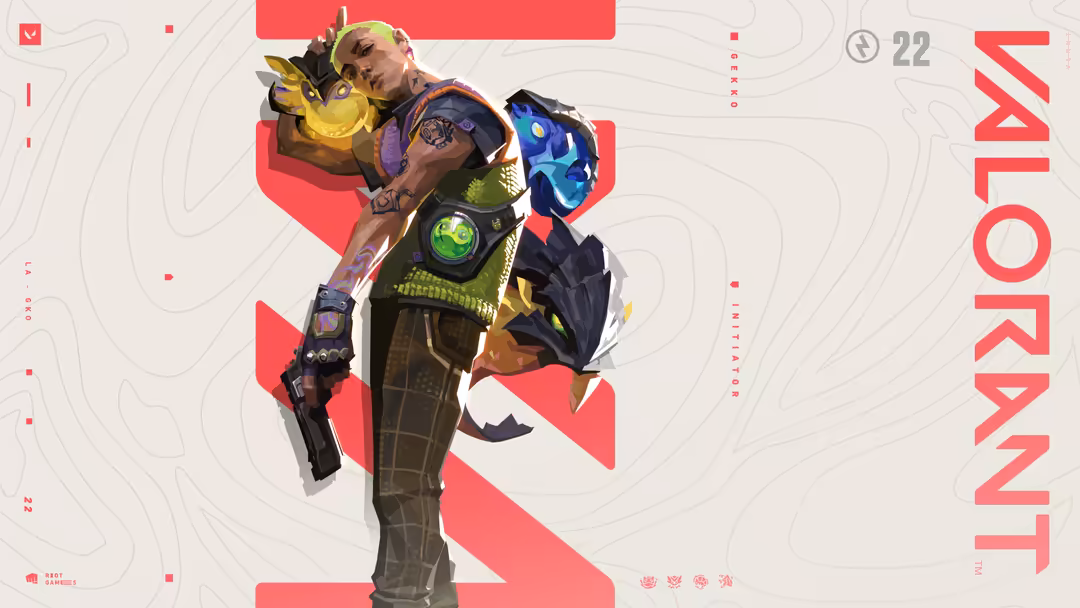 Gekko Valorant agent character in tactical gear holding yellow creature companion, vibrant red geometric background design