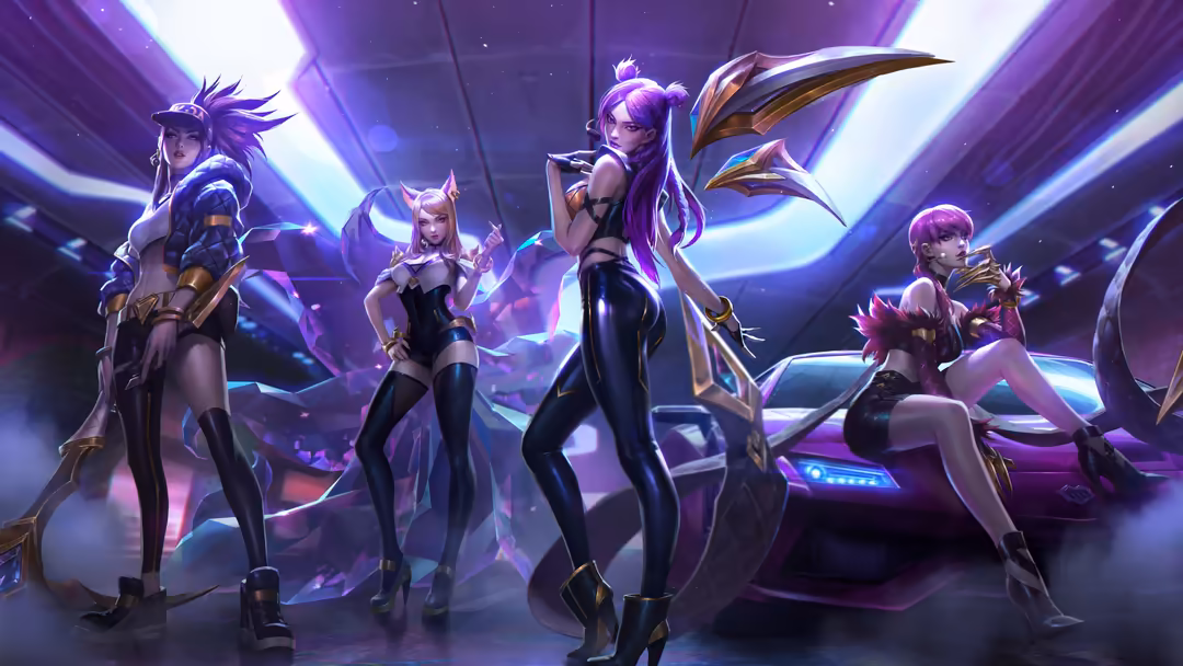 Five anime-style female characters in futuristic black and gold outfits posed against glowing purple neon lights and sleek ve