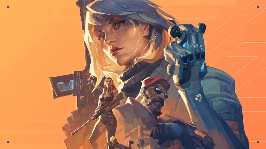 Valorant Episode 7 Act 2 character artwork featuring three armed agents with glowing orange atmospheric lighting and tactical