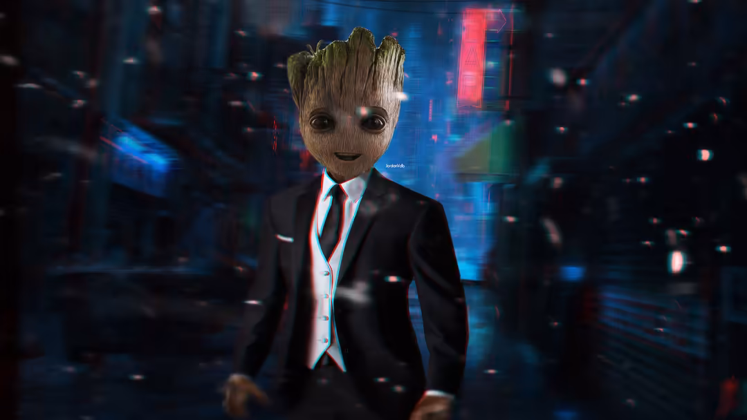 Stylized tree-headed character in formal black suit with tie against neon-lit cyberpunk cityscape background with glowing blu