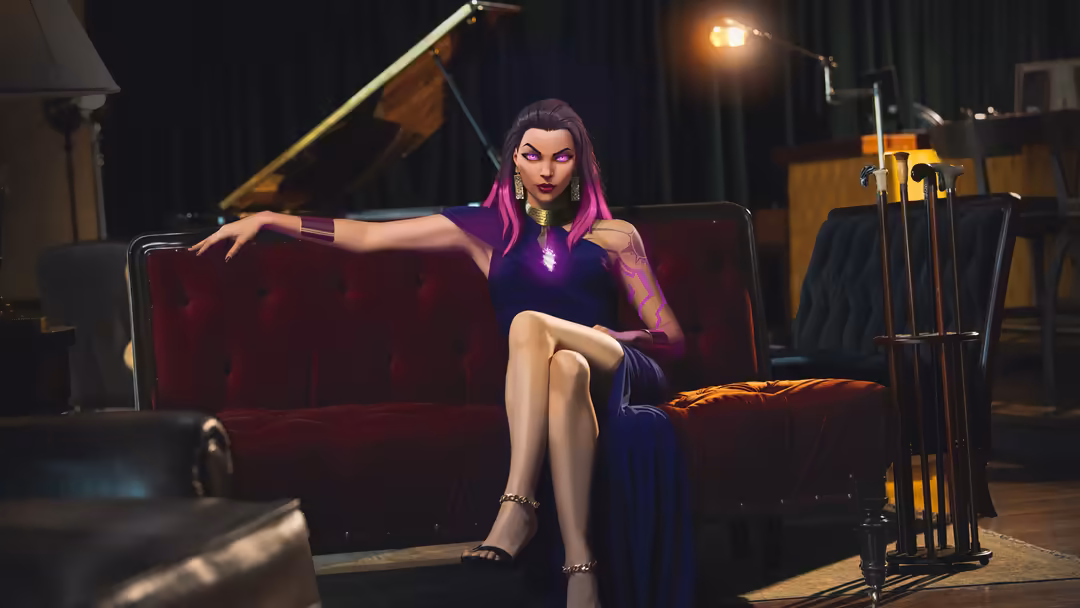 Reyna from Valorant with vibrant purple hair, sitting on a red velvet couch in a concert studio setting with stage lighting a