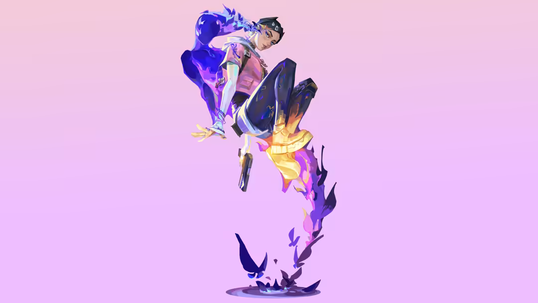 Colorful digital illustration of Clove character from Valorant in dynamic action pose with purple and yellow energy effects a