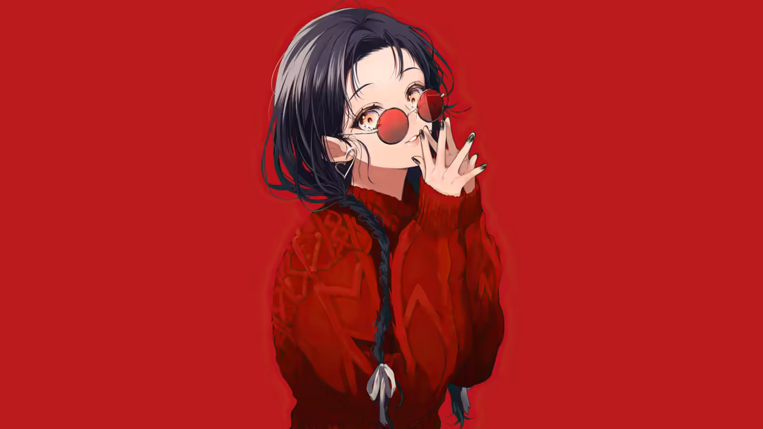 Anime girl with black hair wearing round red sunglasses and a red quilted jacket against a vibrant red background, stylish po