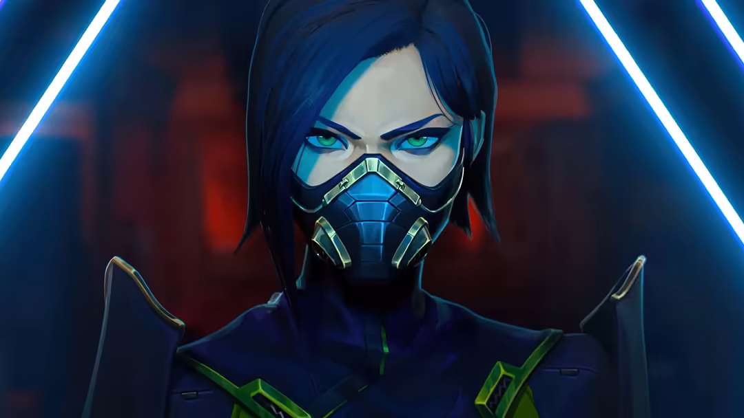 Cyberpunk character Viper from Valorant wearing neon blue glowing mask with green accents and piercing eyes against dark back