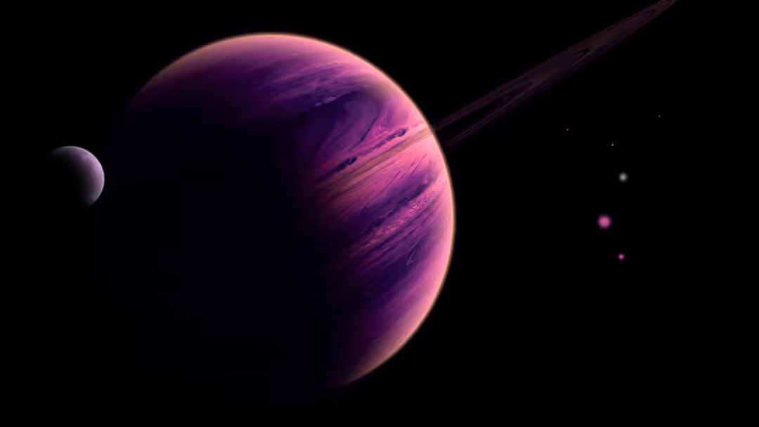 A vibrant purple gas giant with swirling atmospheric bands and a ring, accompanied by a small moon, set against a starry blac