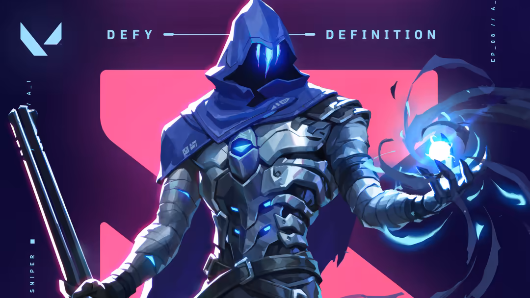 Futuristic armored figure with glowing blue eyes and neon pink accents, wielding energy weapon in cyberpunk style game art