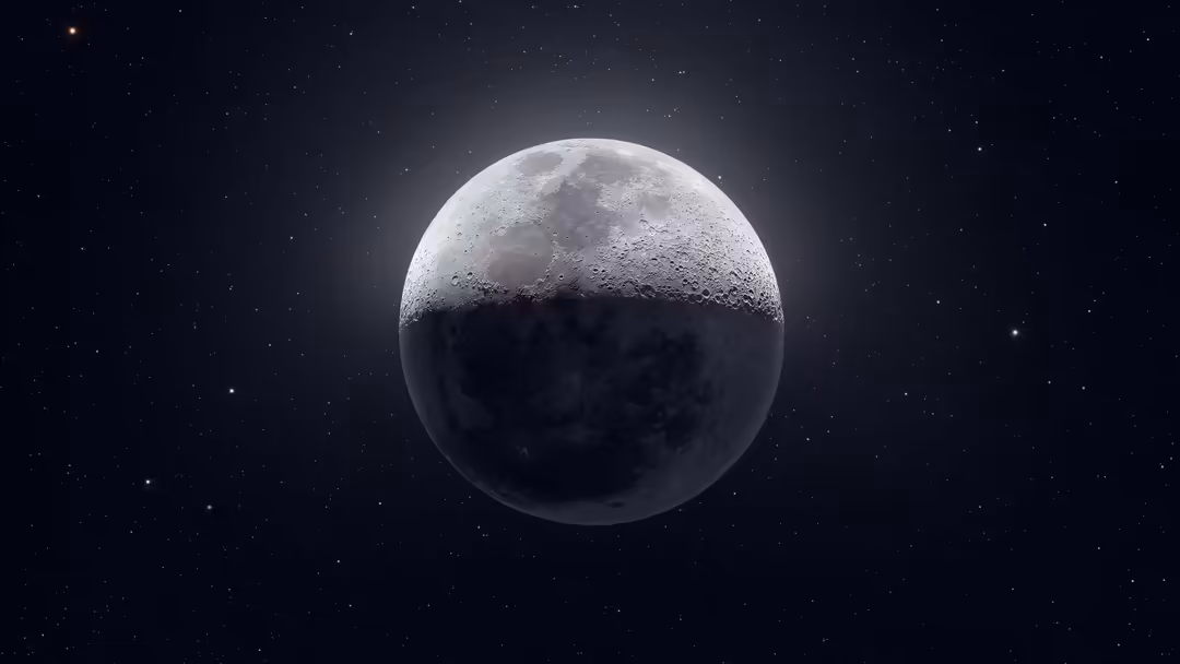 A luminous moon half-illuminated against a dark starry cosmos, showcasing lunar surface detail and cosmic atmosphere