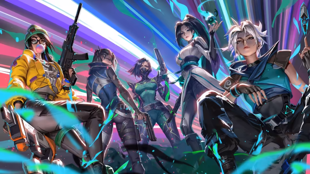 Valorant tactical team of armed agents in futuristic tactical gear posed together with vibrant neon cyan and purple lighting
