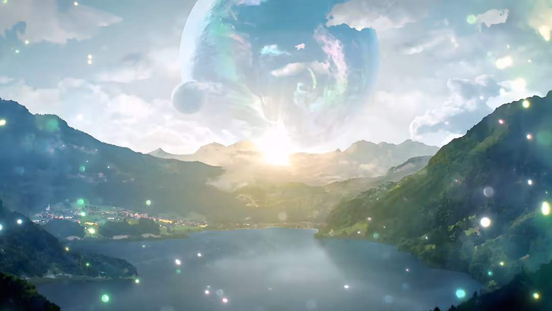 Ethereal mountain valley with glowing lake, surrounded by green peaks and floating magical lights under a luminous sky