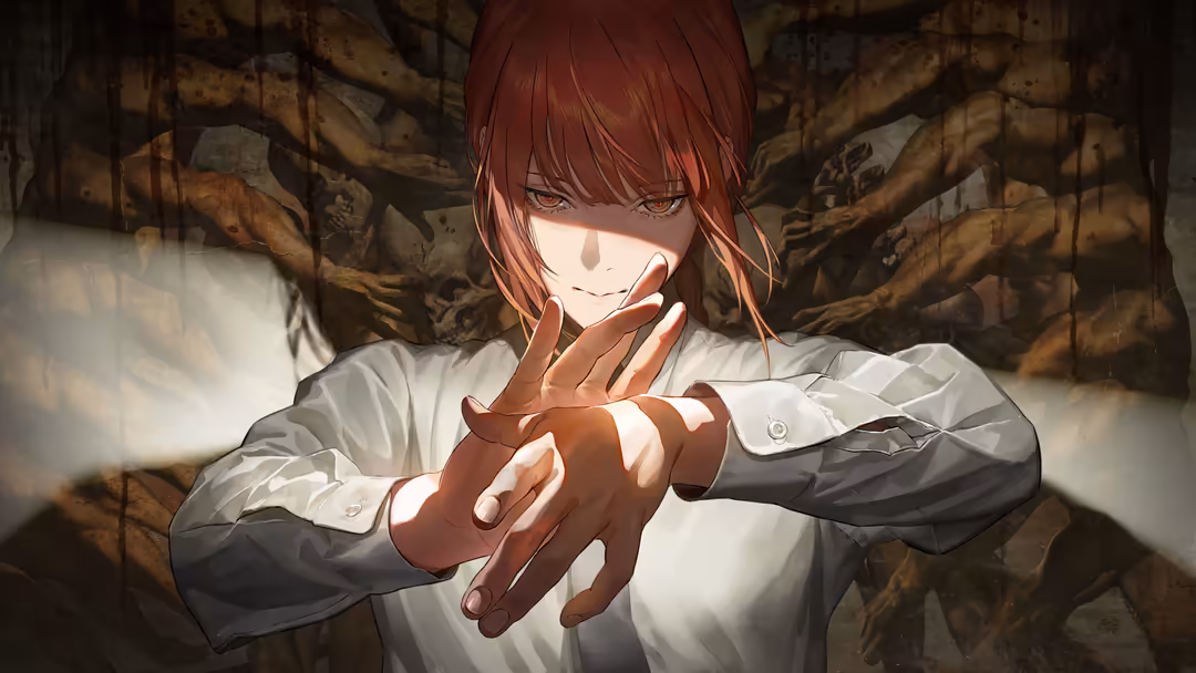 Anime character Makima with red hair and intense eyes wearing a white shirt and dark jacket, posed against a textured wooden
